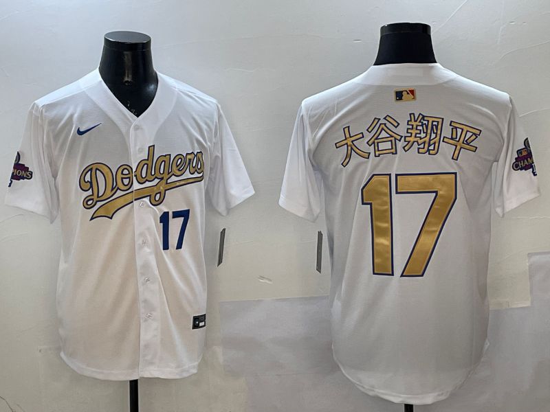Men Los Angeles Dodgers 17 Ohtani White Champion gold character 2025 Nike MLB Jersey style 16
